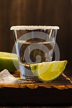 Tequila shots, salt and lime slices
