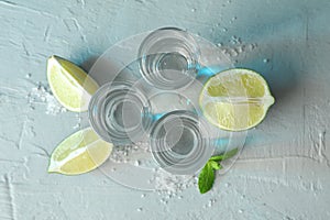 Tequila shots, salt, lime slices and mint on white background