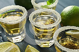 Tequila shots, salt, lime slices and mint on wood table