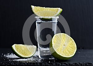 Tequila silver shot with lime slices and salt on stone board