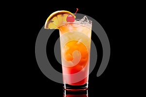 Tequila Sunrise cocktail blend of tequila, orange juice, and grenadine on black