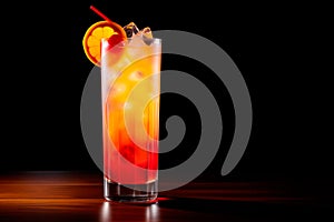 Tequila Sunrise cocktail blend of tequila, orange juice, and grenadine on black