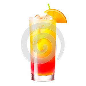 Tequila Sunrise cocktail blend of tequila, orange juice, and grenadine on white