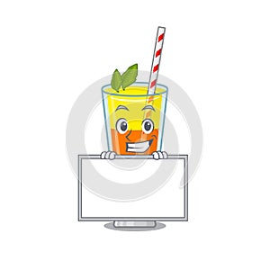 Tequila sunrise cocktail cartoon design style standing behind a board