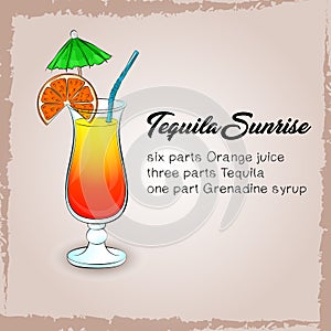 Tequila Sunrise Cocktail on light brown background