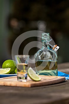 Tequilla inside glass and bottle