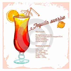 Tequilla sunrise cocktails drawn watercolor.