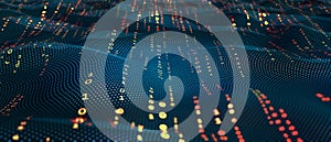 Terabytes of binary code data flying in a stream of information. Wavy field of coded blockchains