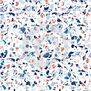 Terrazzo seamless vector pattern in shades of blue, grey and orange on white background.