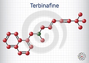 Terbinafine molecule. Sheet of paper in a cage. Structural chemical formula, molecule model