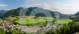 Terchova, mountain panorama of Mala Fatra National Park with a small village in the valley. View from the Terchovske srdce lookout