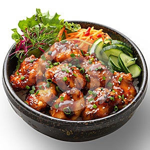 Teriyaki chicken bowl with vegetables isolated on white. Generative AI Illustration.