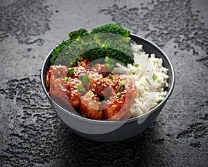 Teriyaki chicken, steamed broccoli and basmati rice served in bowl