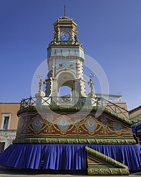 Terlizzi, Apulia. Triumphal chariot, wooden construction driven by the force of 60 men on which a Holy Icon is installed to pull