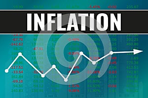 Term Inflation on blue and green finance background from numbers, city, arrow