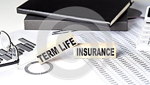 TERM LIFE INSURANCE - text on a wooden block with chart and notebook