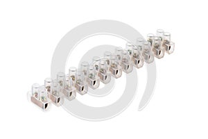 Terminal block on 12 contacts for connection of electric wires. Set of white plastic electrical terminal block, isolated on white