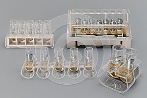 Terminal blocks and distribution blocks. Connecting electrical cables of different voltages. Connection to an electrical terminal