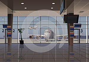 Terminal hall with large windows overlooking the aircraft. Vector