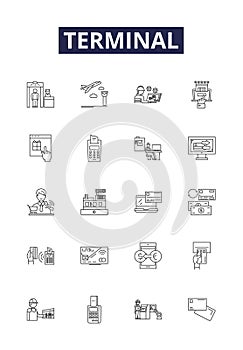 Terminal line vector icons and signs. Station, Network, Adaptor, Access, Point, Software, Screen, Window outline vector