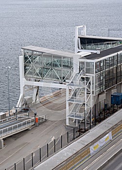 Terminal for ships at the port with gangway with big windows