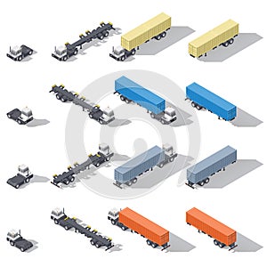 Terminal tractors with semi-trailers and containers rotated in four directions isometric icon set