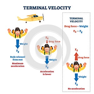 Terminal velocity vector illustration. Labeled falling speed explanation.