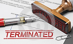 Termination of contract agreement. Word Terminated printed on a document