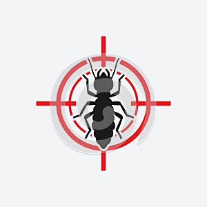 Termite icon red target. Insect pest control sign