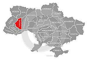 Ternopil red highlighted in map of the Ukraine