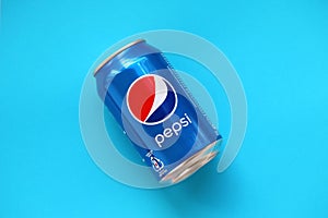 TERNOPIL, UKRAINE - MAY 28, 2022: Cold Pepsi drink can. Pepsi is a carbonated soft drink produced by PepsiCo