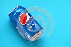 TERNOPIL, UKRAINE - MAY 28, 2022: Cold Pepsi drink can. Pepsi is a carbonated soft drink produced by PepsiCo