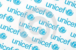 TERNOPIL, UKRAINE - MAY 2, 2022: Unicef logo on paper. Unicef is a United Nations programm that provides humanitarian and