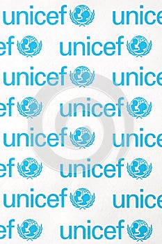 TERNOPIL, UKRAINE - MAY 2, 2022: Unicef logo on paper. Unicef is a United Nations programm that provides humanitarian and