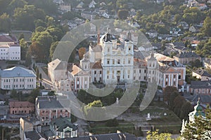 TERNOPIL, UKRAINE - SEPTEMBER 16, 2023 Aerial view of former jesuit collegium and monastery in Kremenets town, Ternopil