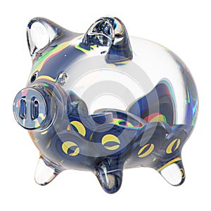 Terra Classic (LUNC) Clear Glass piggy bank with decreasing piles of crypto coins.