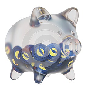 Terra Classic (LUNC) Clear Glass piggy bank with decreasing piles of crypto coins.