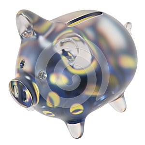 Terra Classic (LUNC) Clear Glass piggy bank with decreasing piles of crypto coins.