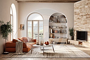 Terra cotta sofa against stone cladding wall and tv on it. Farmhouse interior design of modern living room with arched fitted