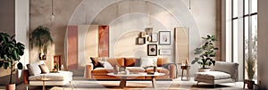 Terra cotta sofa and grey lounge chairs against beige stucco wall. Interior design of modern living room. Created with generative