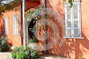 Terra cotta wall house shutters garden plants, Neve Tzedek, Tel Aviv