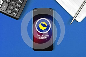 Terra Luna symbol. Trade with cryptocurrency, digital and virtual money, banking with mobile phone concept. Business