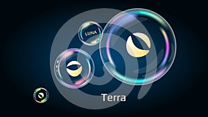 Terra LUNA token symbol in soap bubble, coin DeFi project decentralized finance.