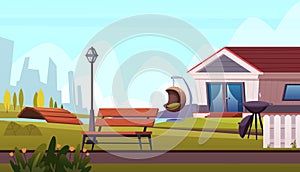 Terrace background. village outdoor relax place with barbecue and benches. Vector background