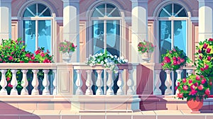 Terrace, balcony, and white marble balustrade with flowers in pots. Illustration of an empty building veranda, pillars