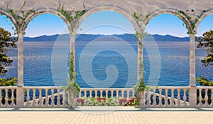 Terrace with balustrade overlooking the sea and mountains