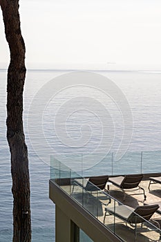 Terrace with bathing buns facing Mediterranean sea in Camogli