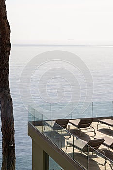 Terrace with bathing buns facing Mediterranean sea  in Camogli