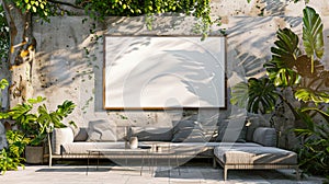 Terrace with bench sofa and a blank poster frame on a wall. Lounge area