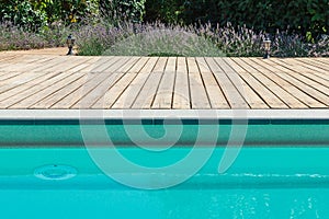 Terrace board. Territory near the pool. Terrace. Pool.Texture. Tree